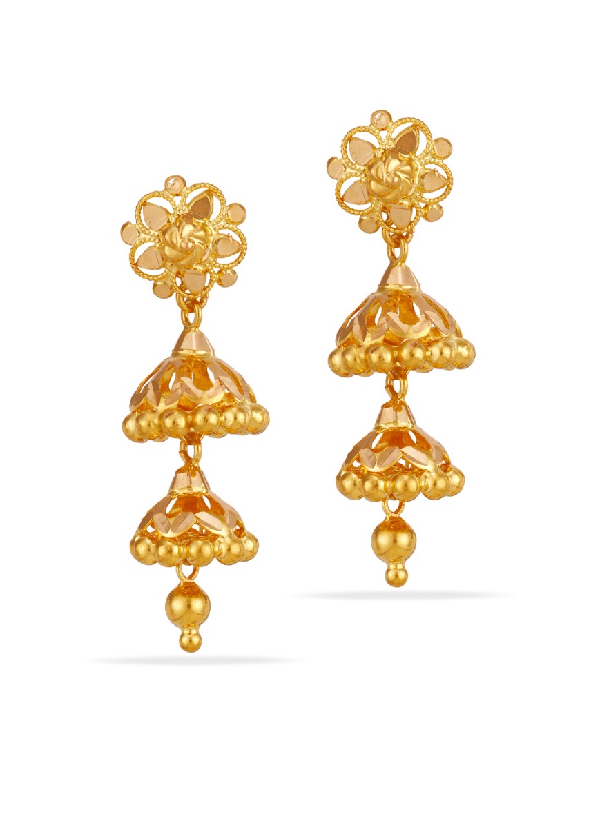 Double Layer 22K Gold Villupuram Jhumka Earring