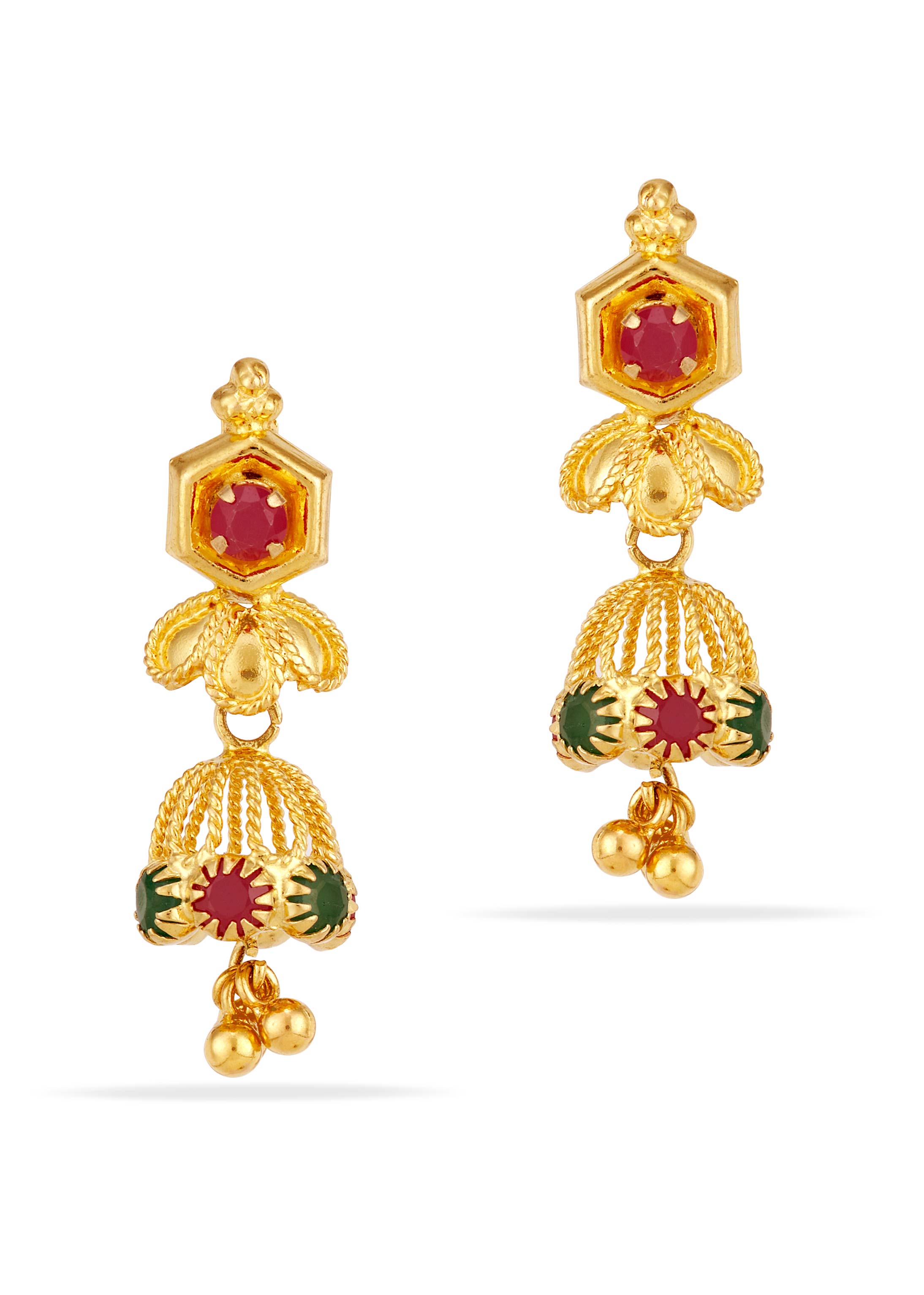 Triangle Ruby Emerald 22K Gold Jhumka Earring