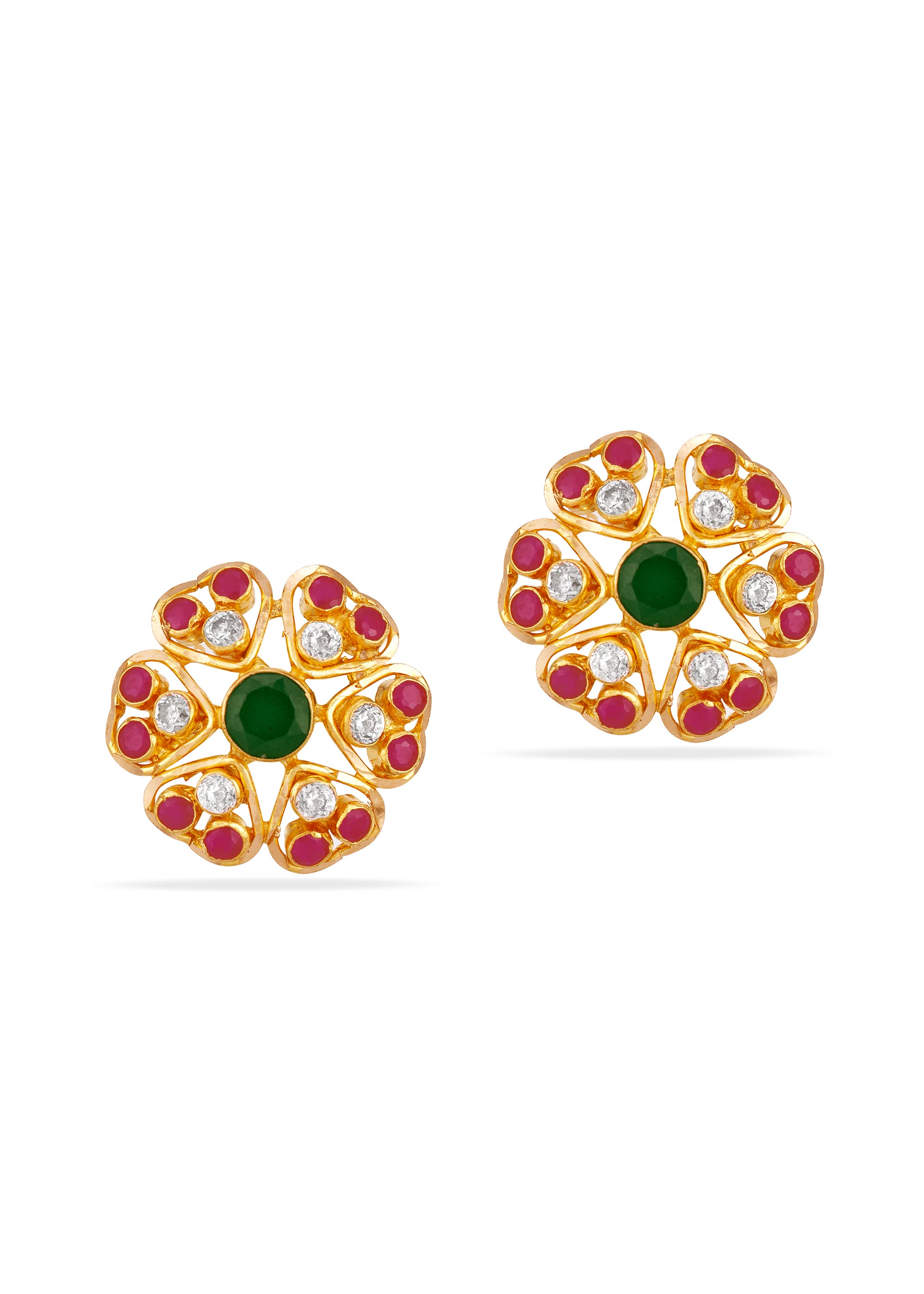 Ruby Emerald Heart 22K Gold Stud Earring